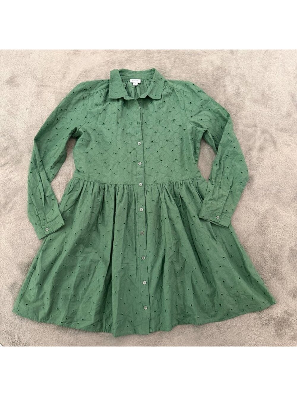 J Crew Factory Green Collared Eyelet Long Sleeve Mini Shirt Dress Womens 6